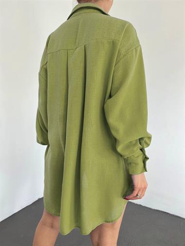 Kolu Çift Düğmeli Arkası Uzun Salaş Gömlek -F.Yeşili