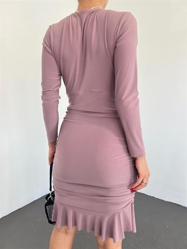 Yanları Lastikli Eteği Volanlı Sandy Mini Elbise -Vizon