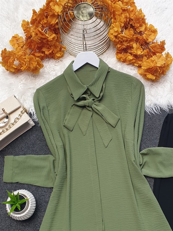Yakası Bağcıklı Eteği Fırfırlı Ayrobin Gömlek Tunik -Yeşil
