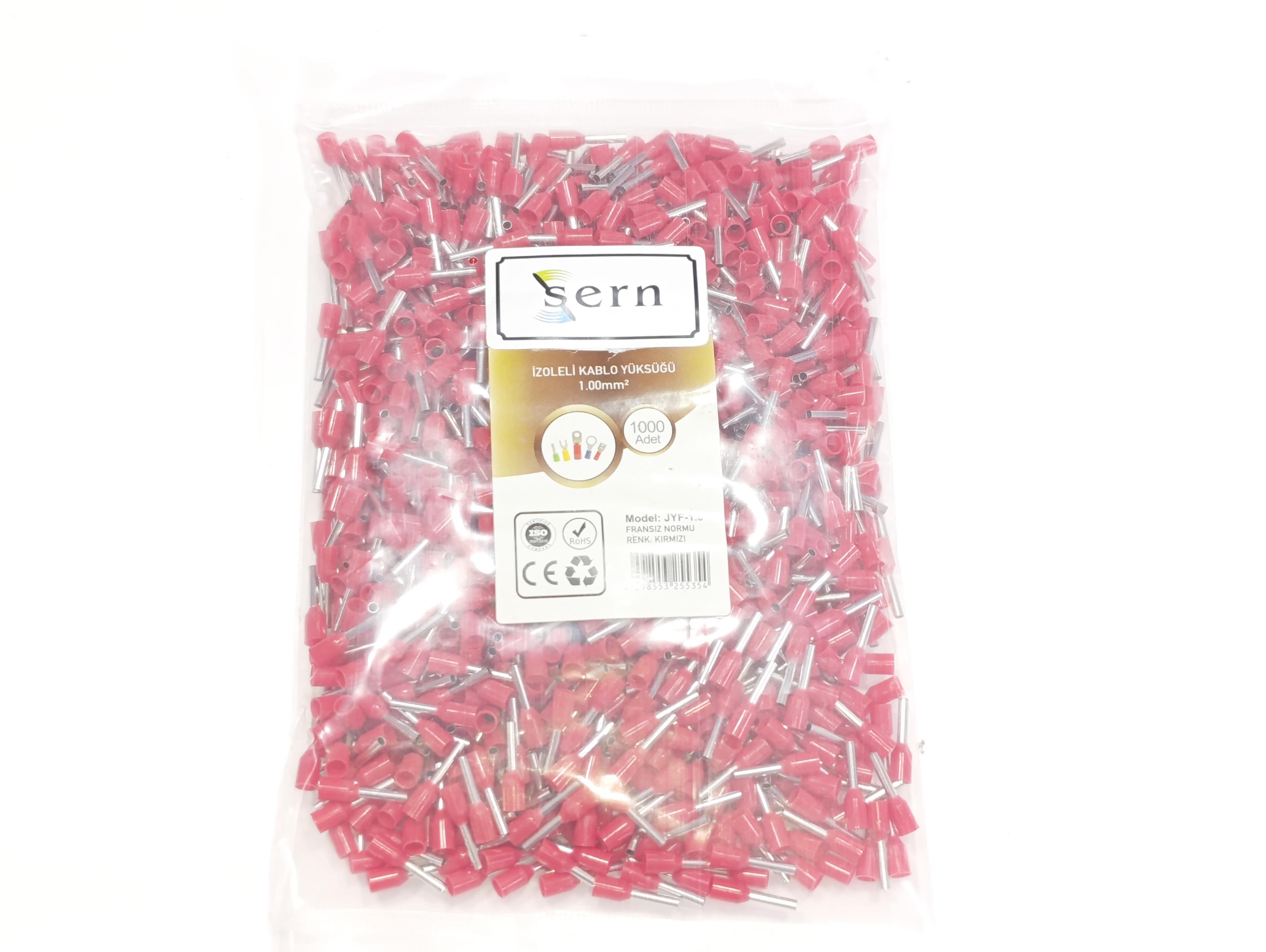 1 mm Tek Girişli İzoleli Kablo Yüksüğü - Fransız Norm - Kırmızı - 1 Paket (1000 Adet)