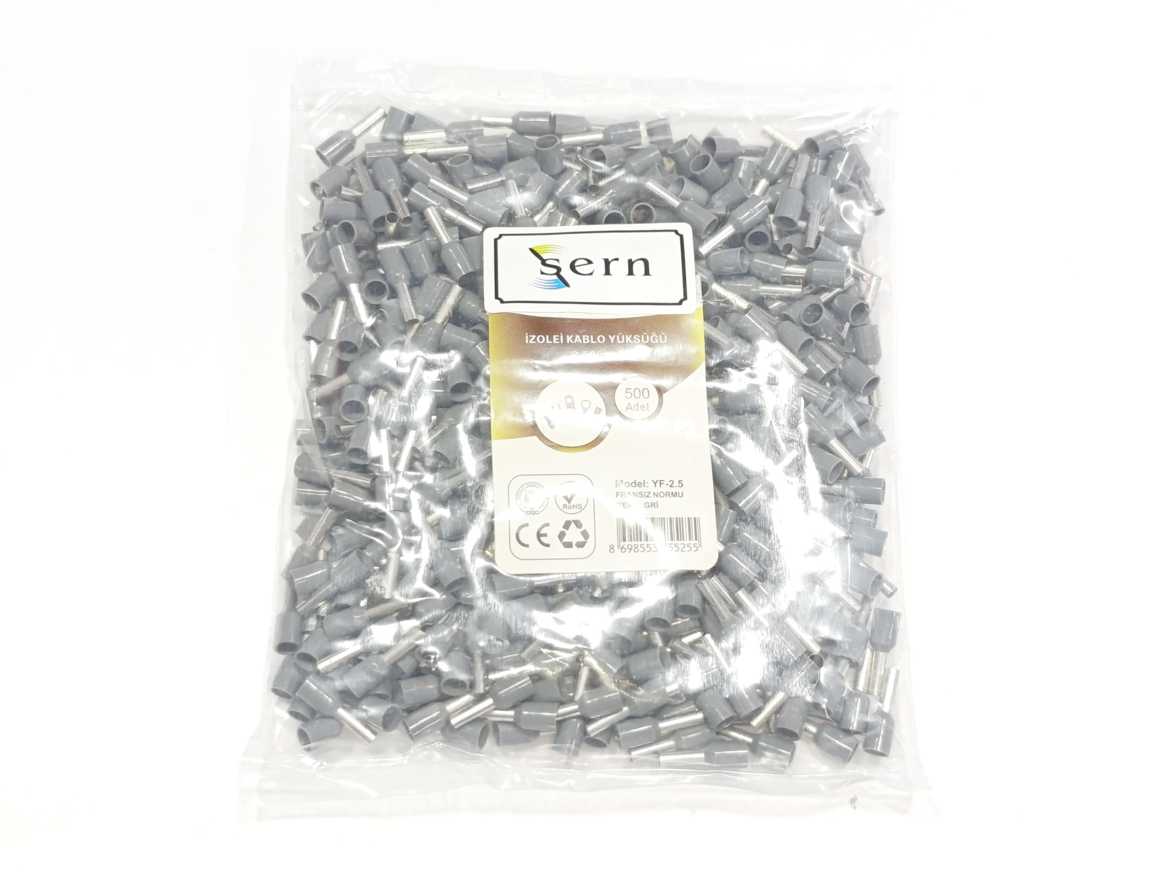 2,5 mm Tek Girişli İzoleli Kablo Yüksüğü - Fransız Norm - Gri - 1 Paket (500 Adet)