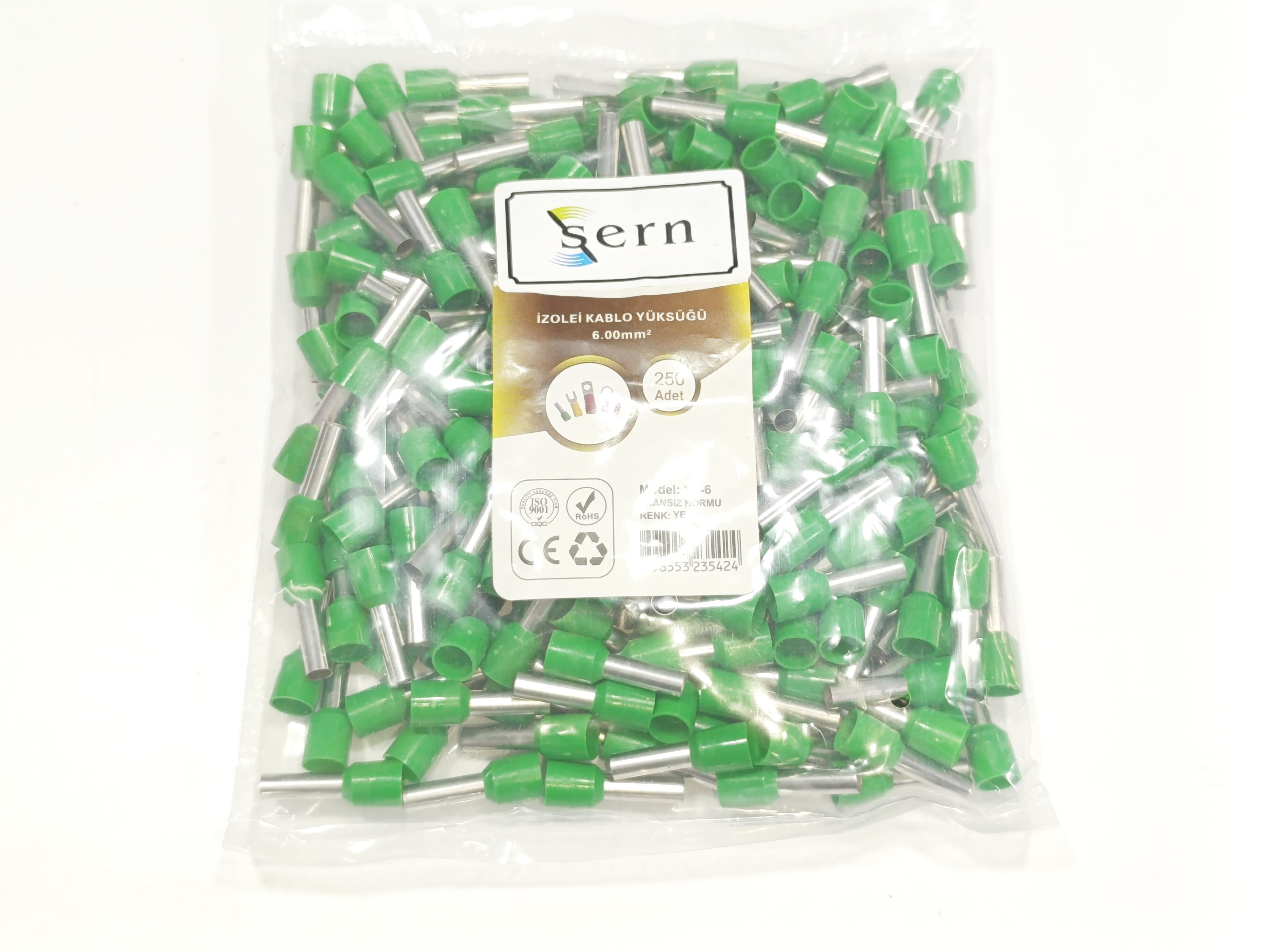 6mm Tek Girişli İzoleli Kablo Yüksüğü - Fransız Norm - Yeşil - 1 Paket (250 Adet)