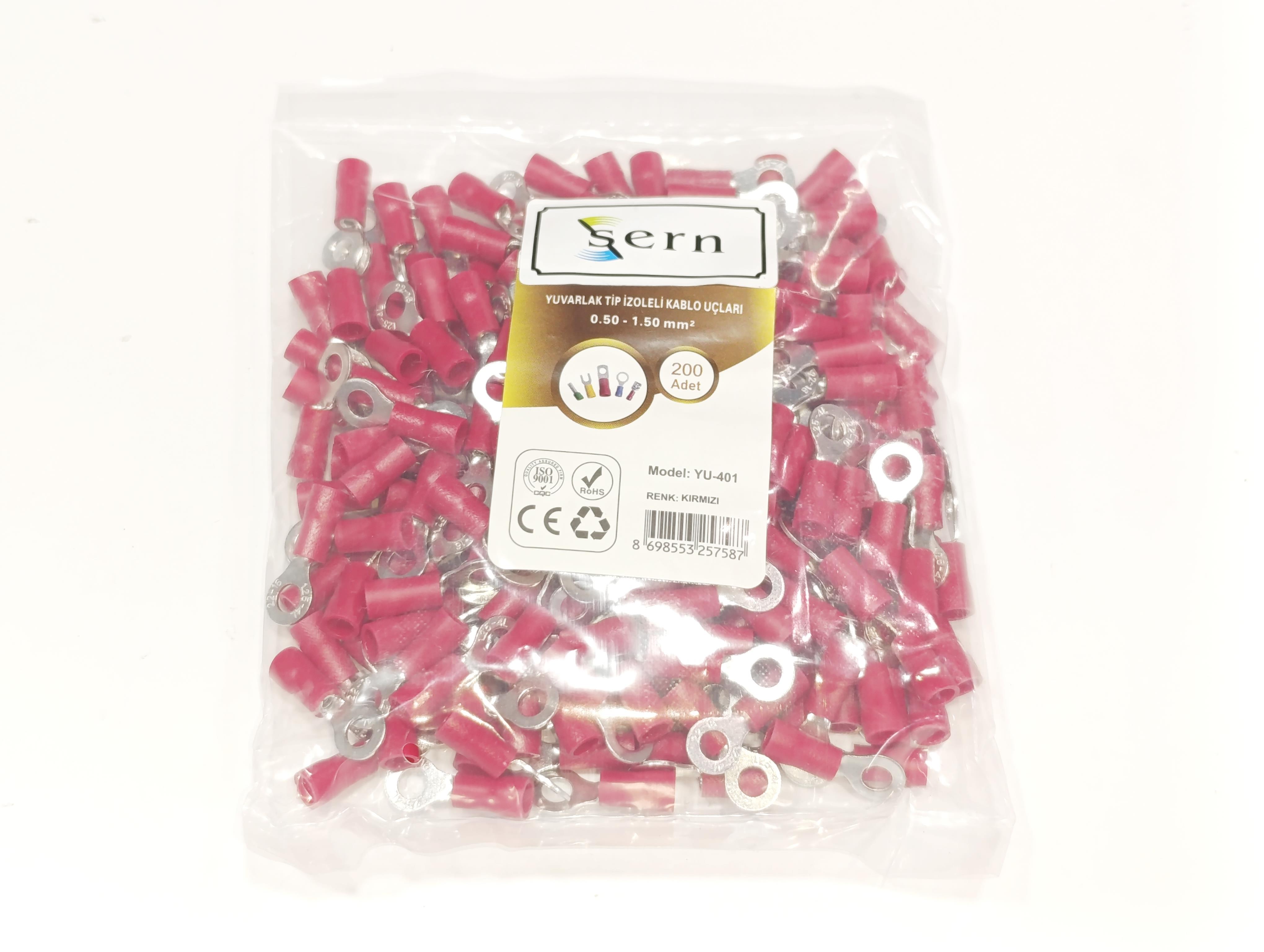 M4 (0.50 x 1.50 mm²) Yuvarlak Tip İzoleli Kablo Uçları – Kırmızı – 200 Adet