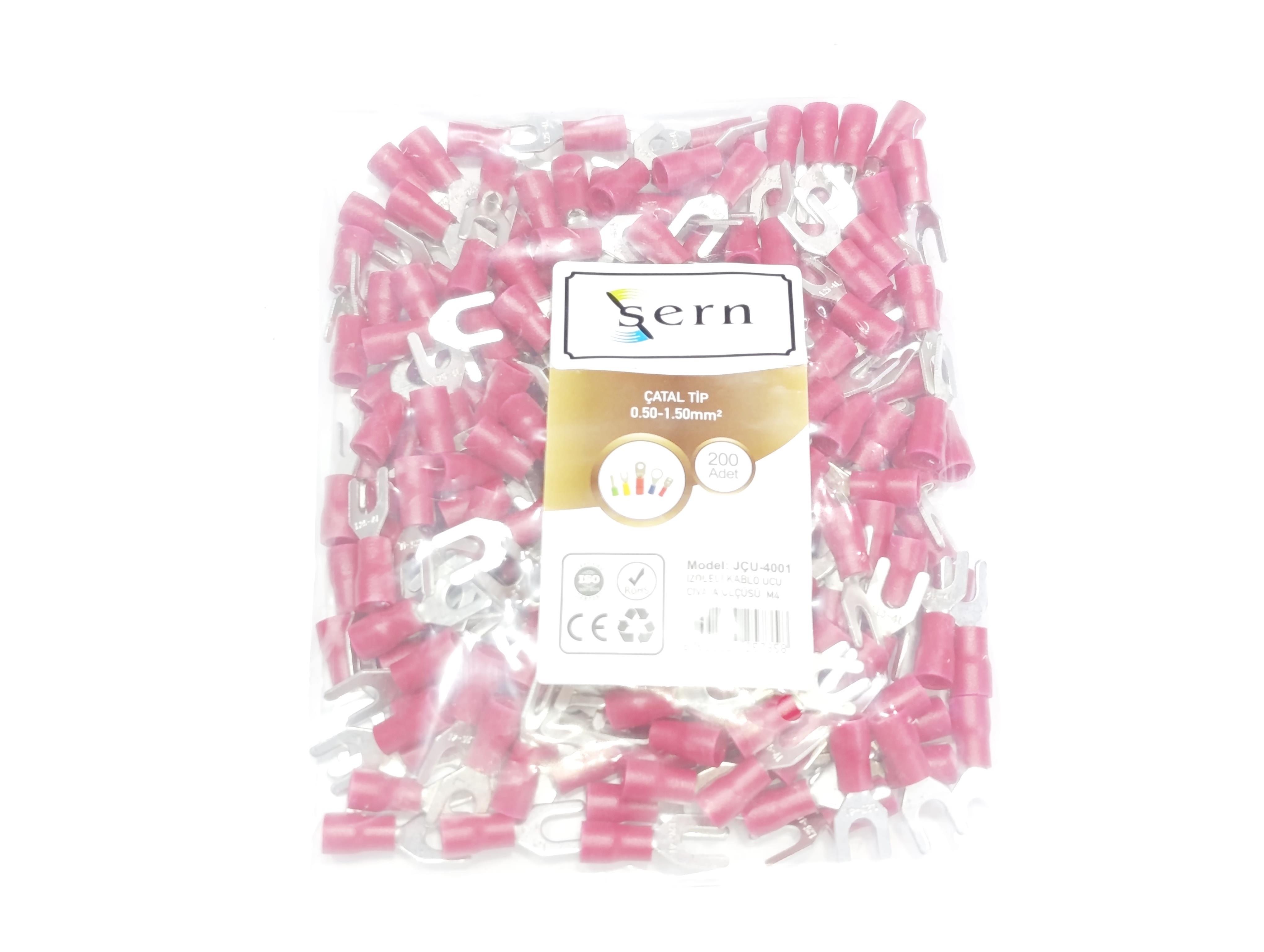 M4 Çatal Tip İzoleli Kablo Ucu 0.50-1.50mm² Kırmızı 200 Adet Bağlantı Pabucu Terminal