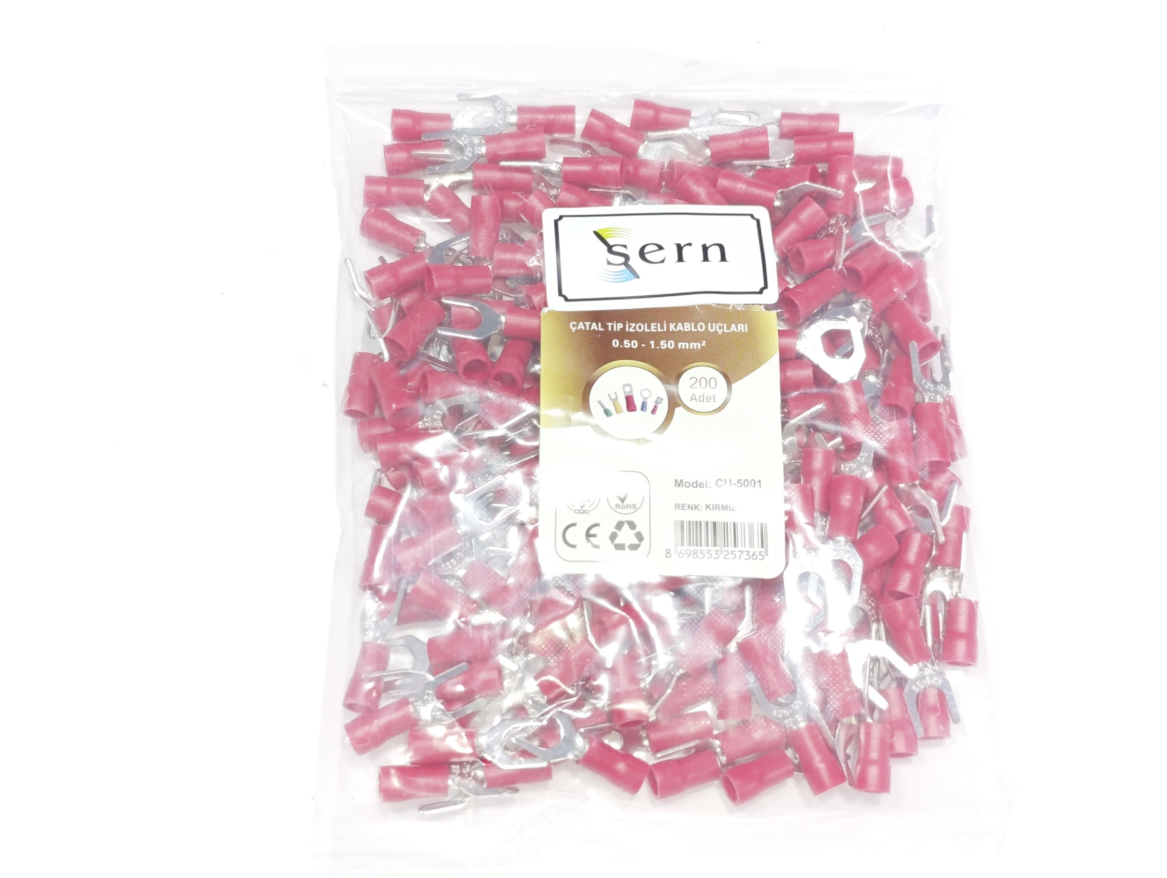 M5 Çatal Tip İzoleli Kablo Ucu 0.50-1.50mm² Kırmızı 200 Adet Bağlantı Pabucu Terminal