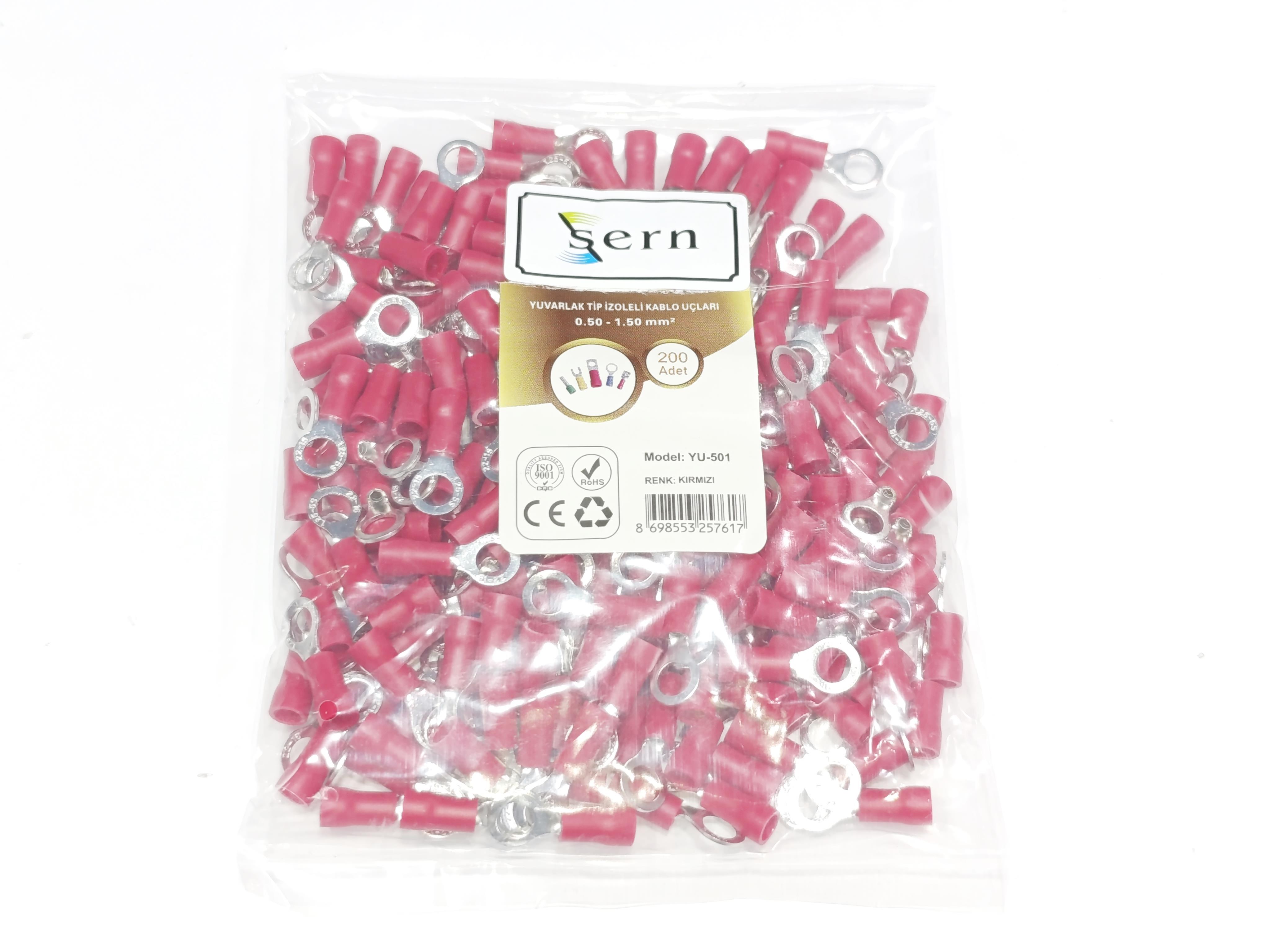 M5 Yuvarlak İzoleli Kablo Ucu 0.50-1.50mm² Kırmızı 200 Adet Bağlantı Pabucu Terminal