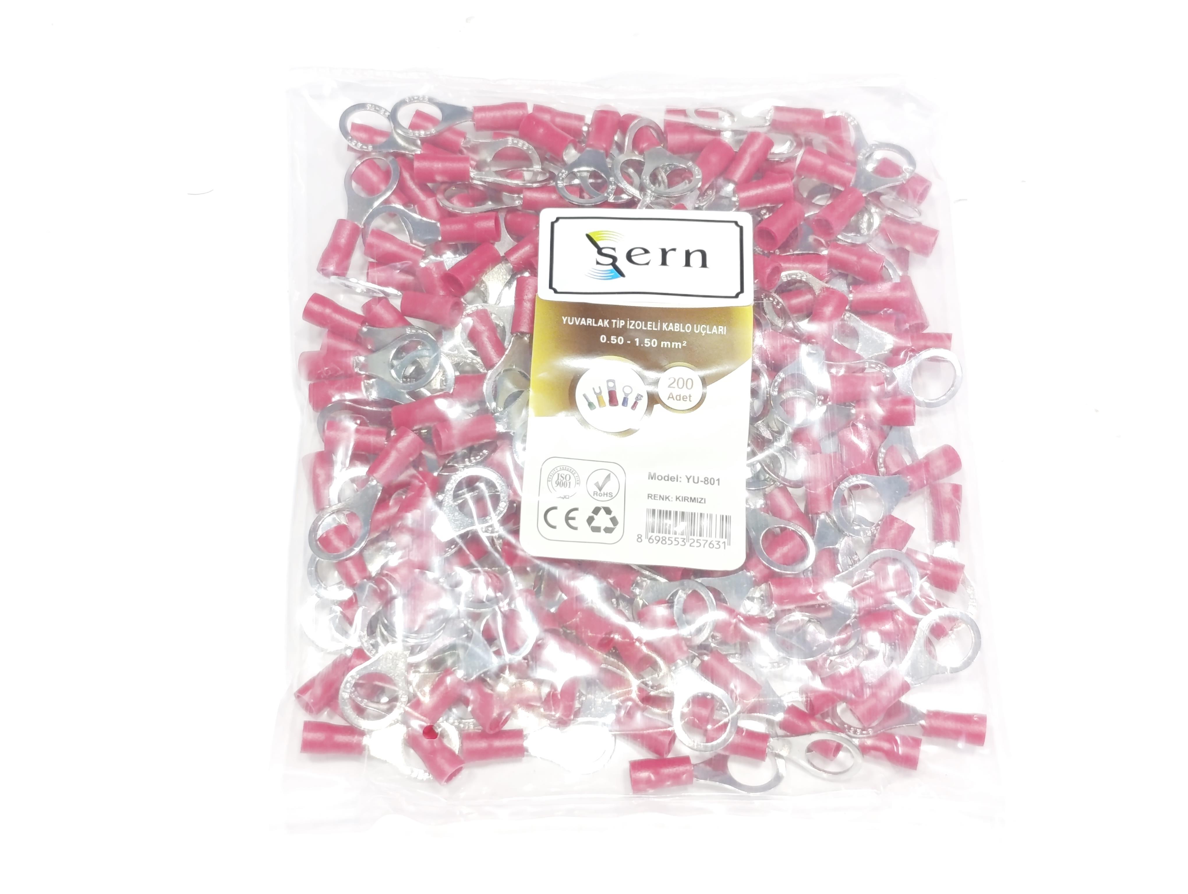 M8 Yuvarlak İzoleli Kablo Ucu 0.50-1.50mm² Kırmızı 200 Adet Bağlantı Pabucu Terminal