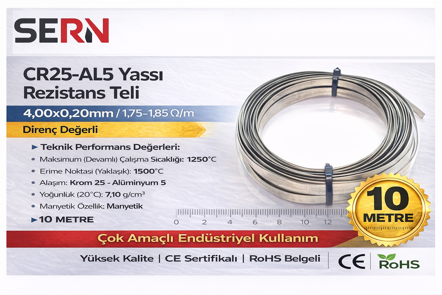 SERN CR25-AL5 Yassı Rezistans Teli 4,00x0,20mm – 1,75–1,85 Ω/m Direnç Değerli (Paket: 10 Metre)