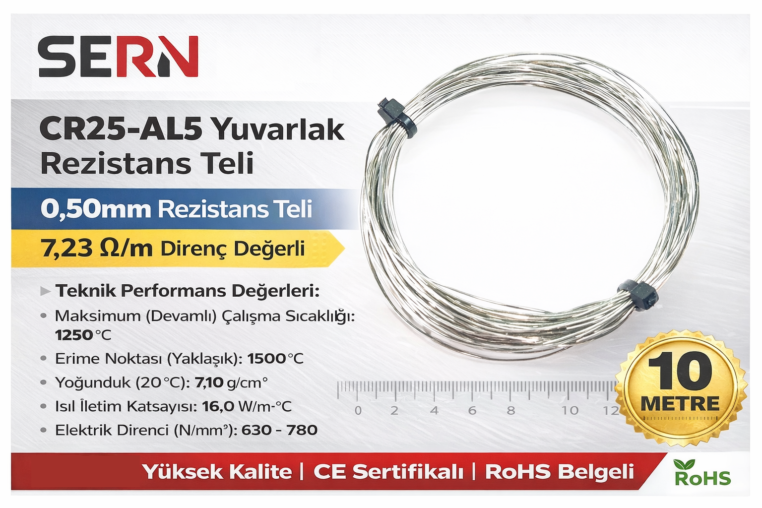 SERN CR25-AL5 Yuvarlak Rezistans Teli 0,50mm – 7,23 Ω/m Direnç Değerli (Paket: 10 Metre)