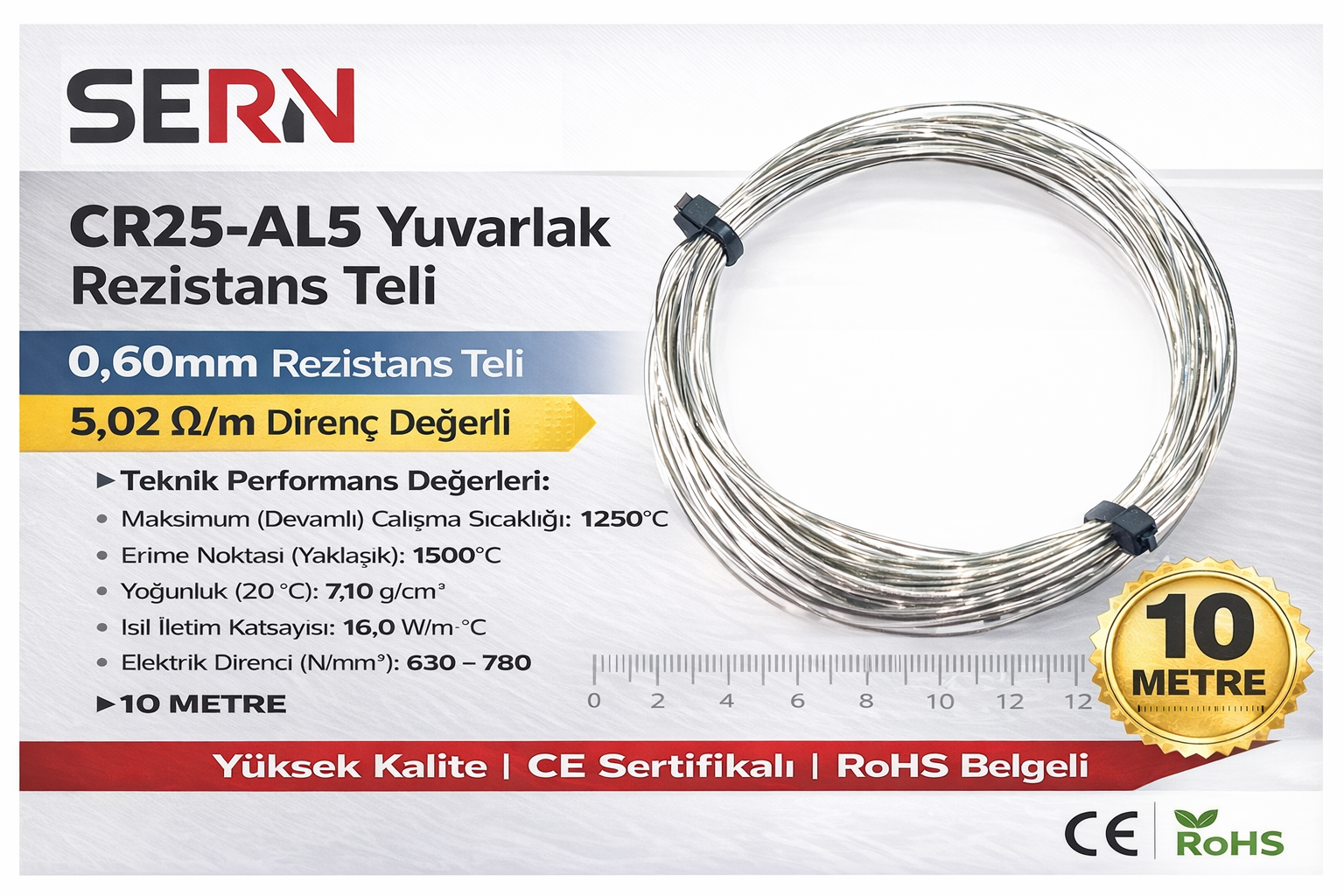 SERN CR25-AL5 Yuvarlak Rezistans Teli 0,60mm – 5,02 Ω/m Direnç Değerli (Paket: 10 Metre)