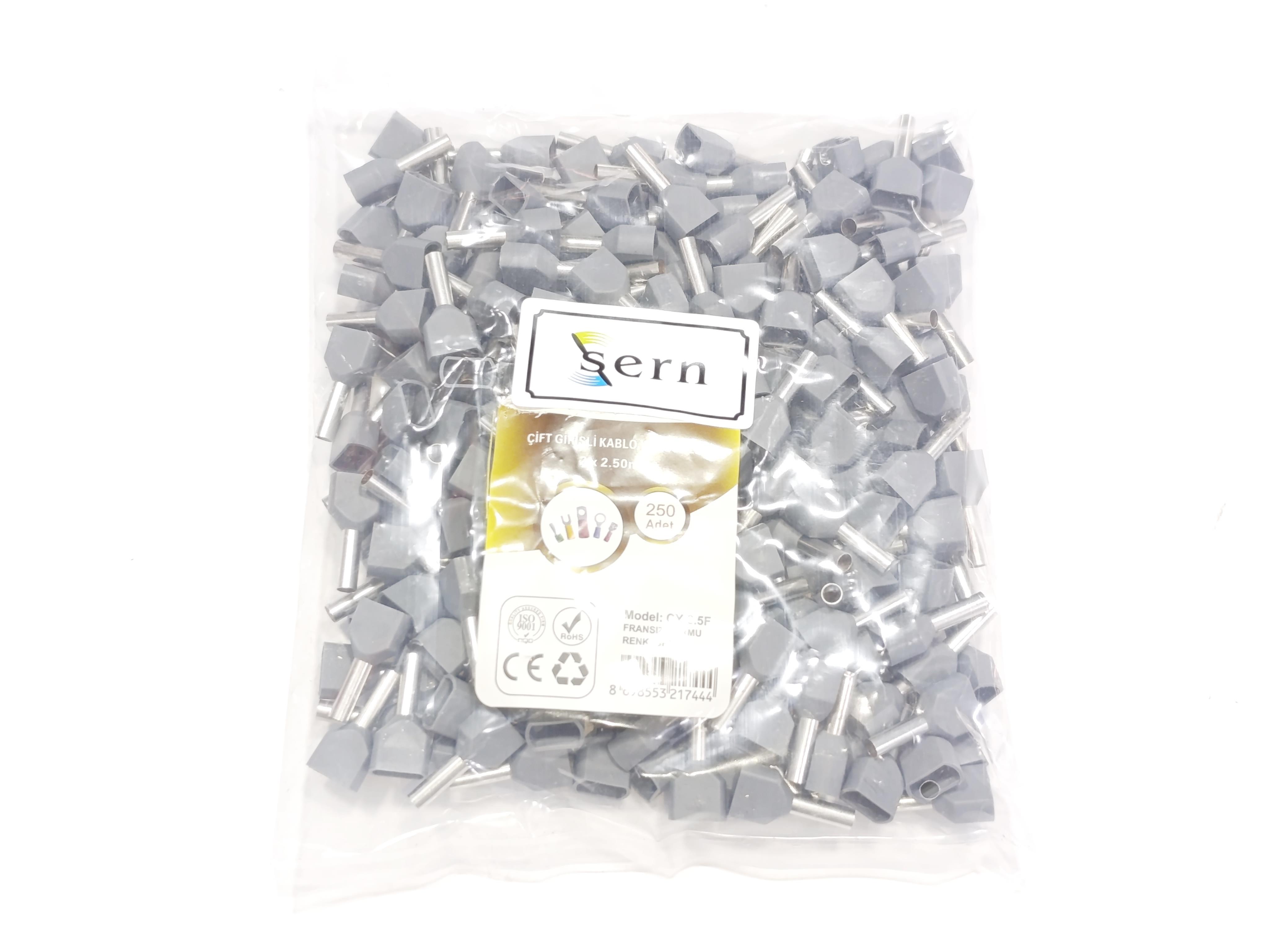 2,5 mm Çift Girişli İzoleli Kablo Yüksüğü – Fransız Norm – Gri – 1 Paket (250 Adet)