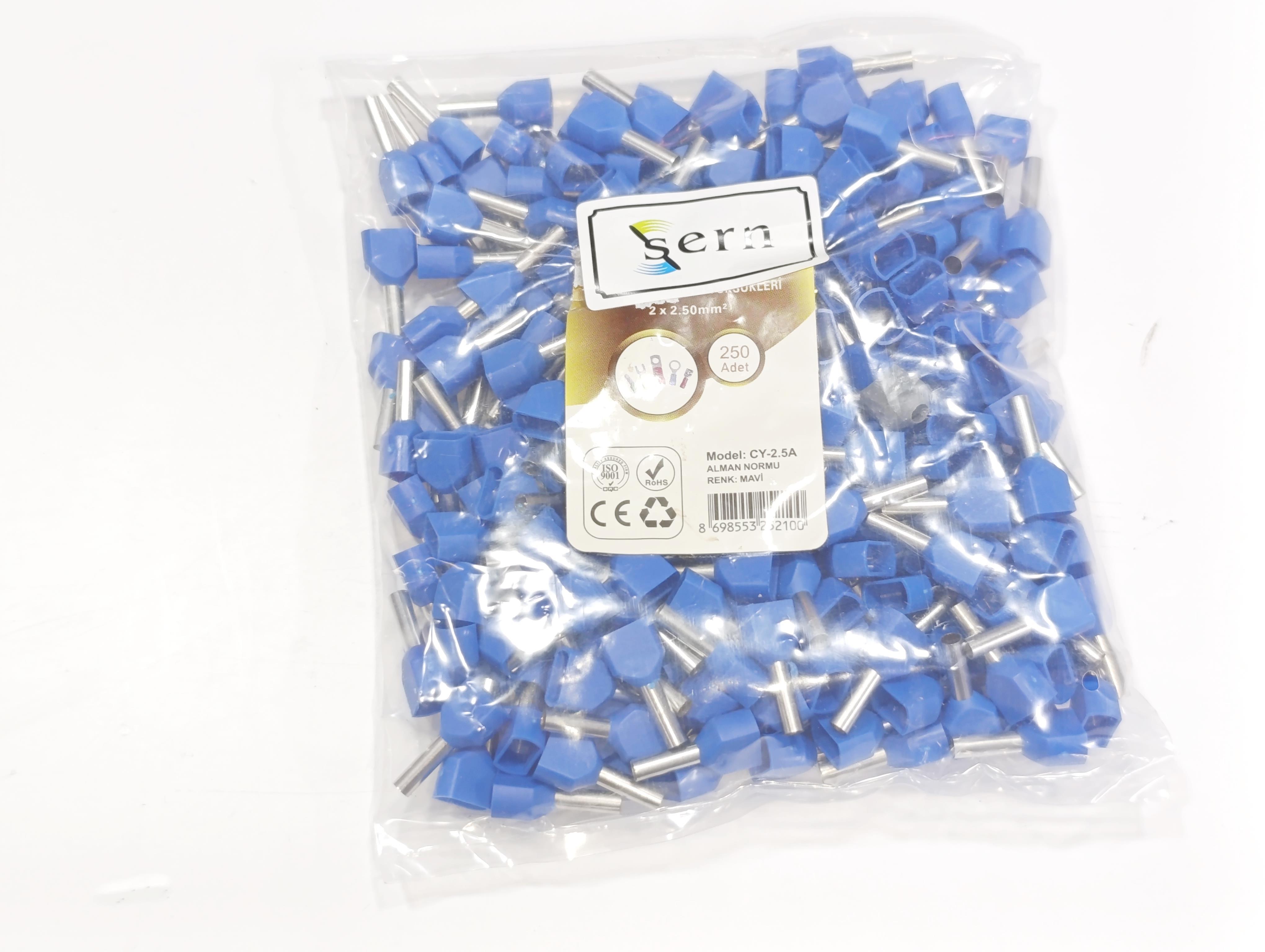2,5 mm Çift Girişli İzoleli Kablo Yüksüğü – Alman Norm – Mavi – 1 Paket (250 Adet)