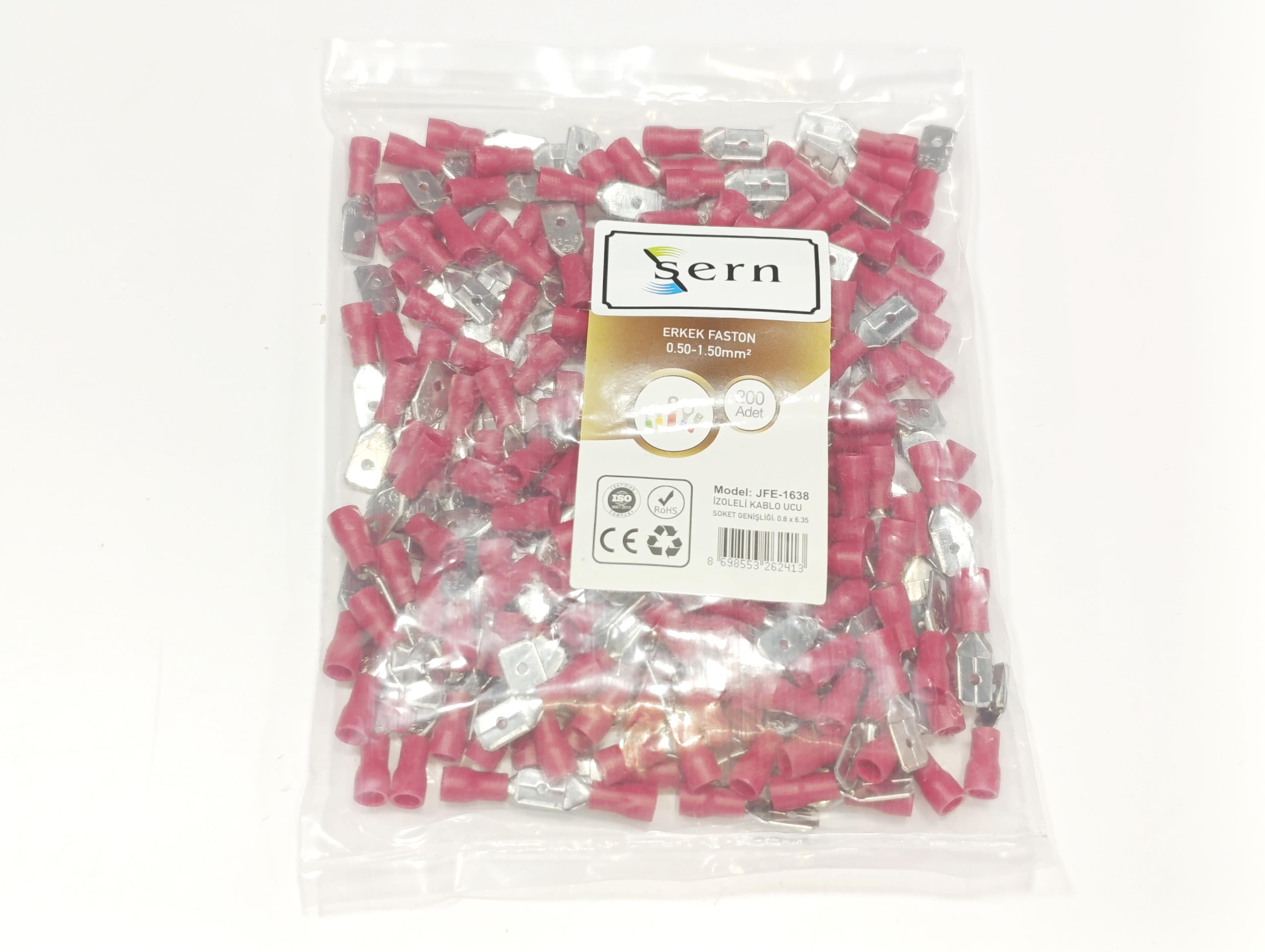 İzoleli Erkek Faston Kablo Ucu 0,8x6,35 0,50-1,50mm² Kırmızı 200 Adet