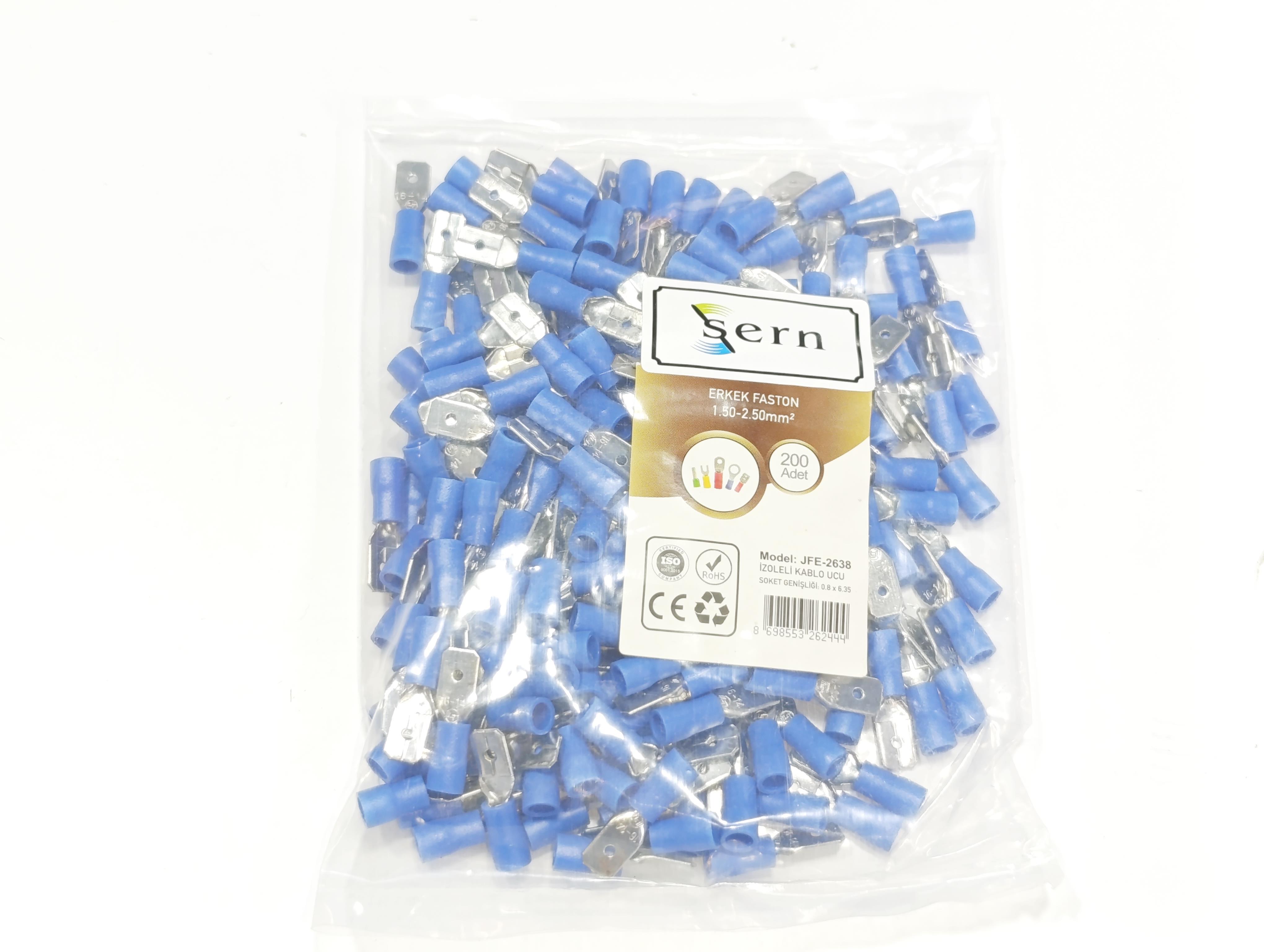 İzoleli Erkek Faston Kablo Ucu 0,8x6,35 1,50-2,50mm² Mavi 200 Adet
