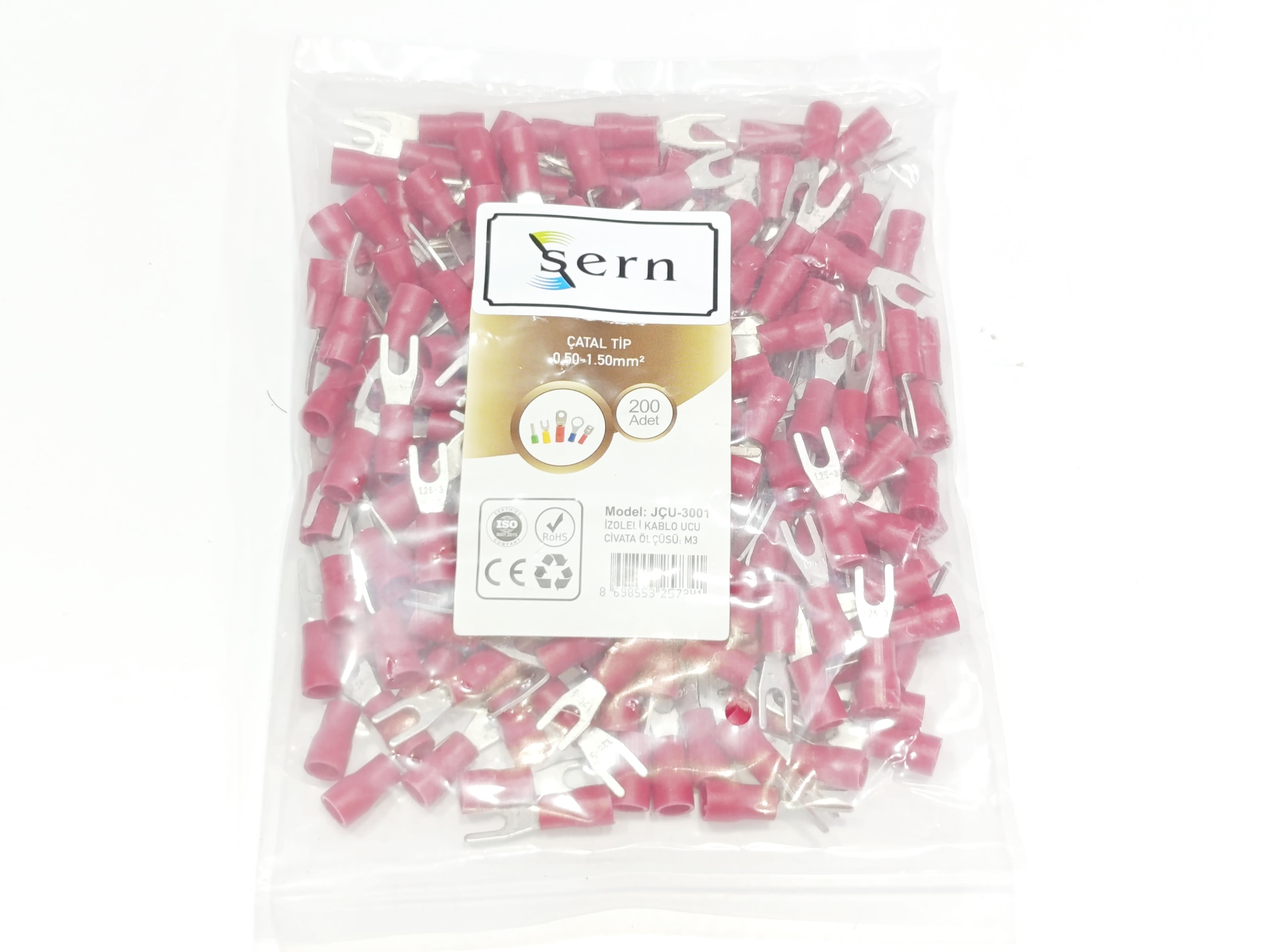 M3 Çatal Tip İzoleli Kablo Ucu 0.50-1.50mm² Kırmızı 200 Adet Bağlantı Pabucu Terminal