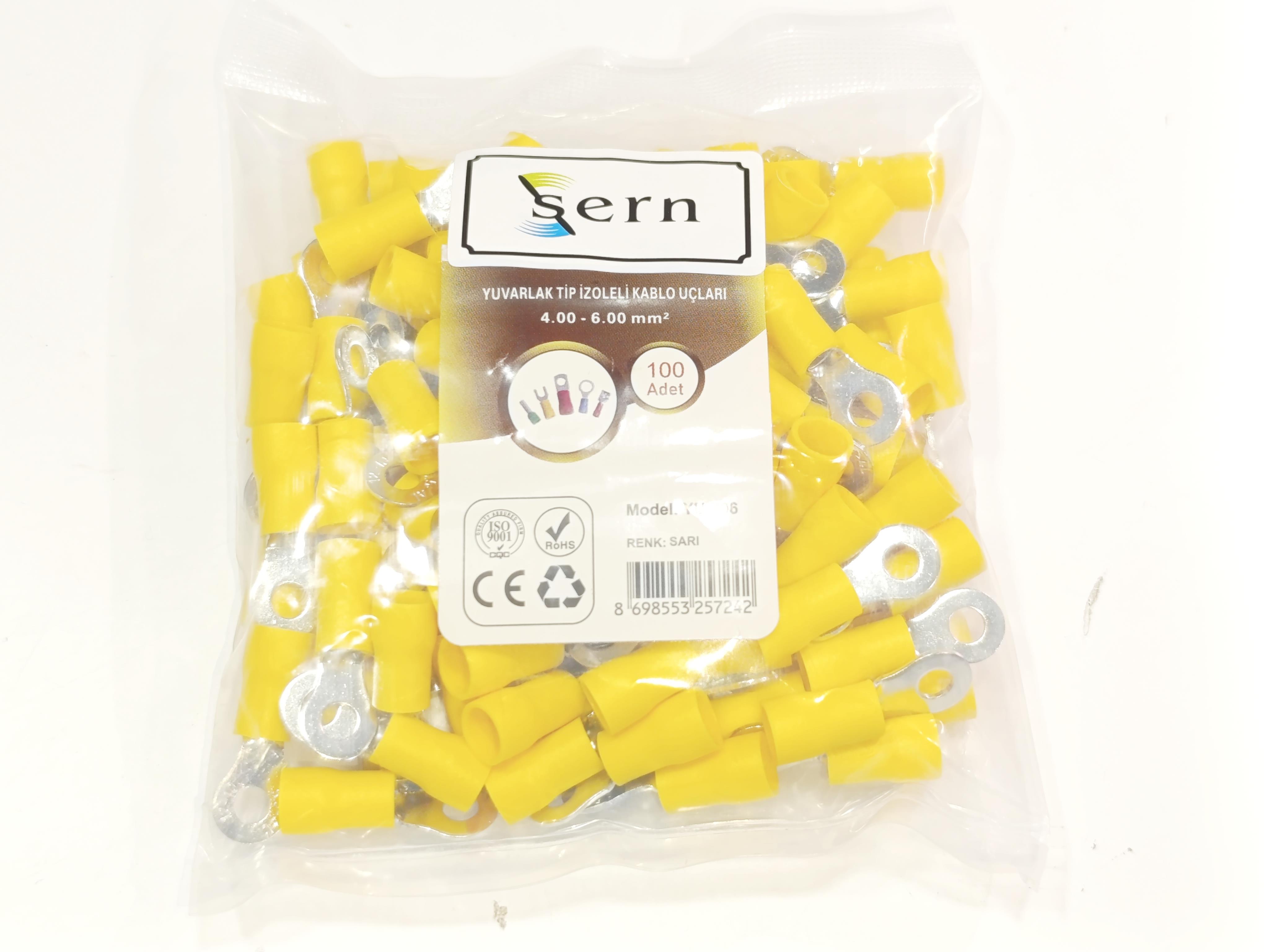 M4 Yuvarlak İzoleli Kablo Ucu 4-6mm² Sarı 100 Adet Bağlantı Pabucu Terminal