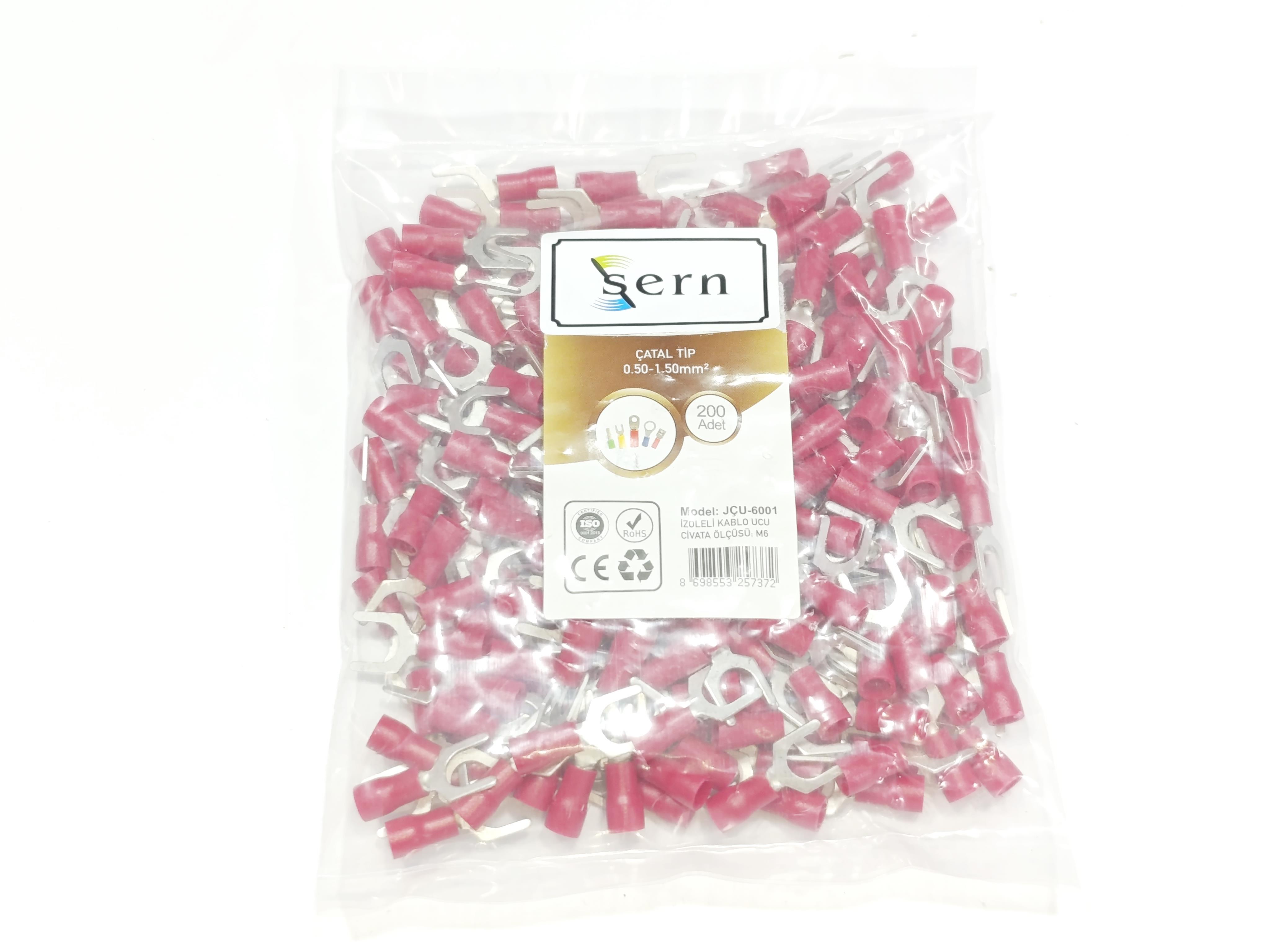 M6 Çatal Tip İzoleli Kablo Ucu 0.50-1.50mm² Kırmızı 200 Adet Bağlantı Pabucu Terminal