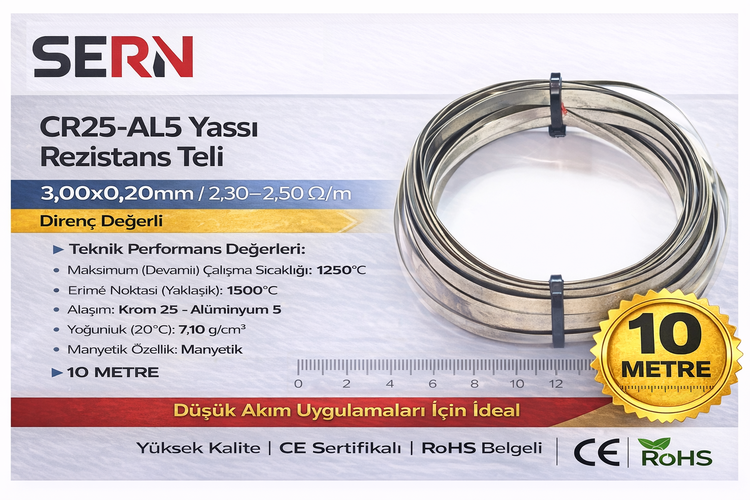SERN CR25-AL5 Yassı Rezistans Teli 3,00x0,20mm – 2,30–2,50 Ω/m Direnç Değerli (Paket: 10 Metre)