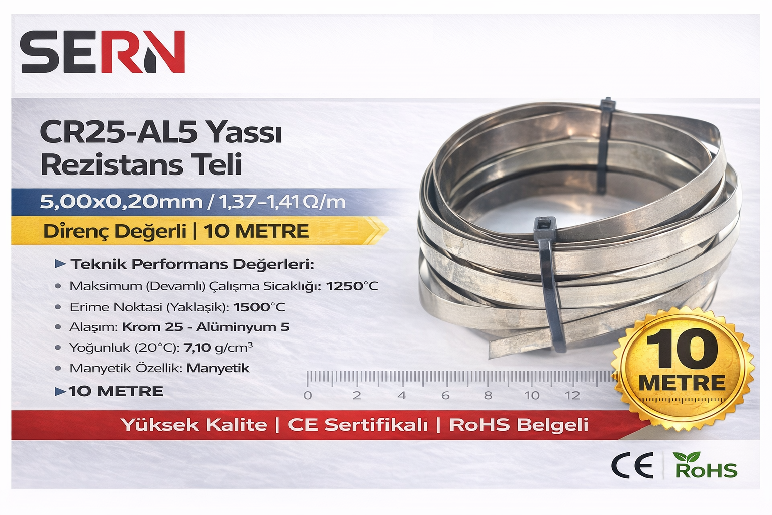 SERN CR25-AL5 Yassı Rezistans Teli 5,00x0,20mm – 1,37–1,41 Ω/m Direnç Değerli (Paket: 10 Metre)