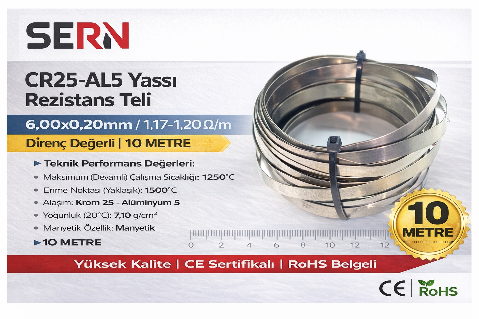 SERN CR25-AL5 Yassı Rezistans Teli 6,00x0,20mm – 1,17–1,20 Ω/m Direnç Değerli (Paket: 10 Metre)