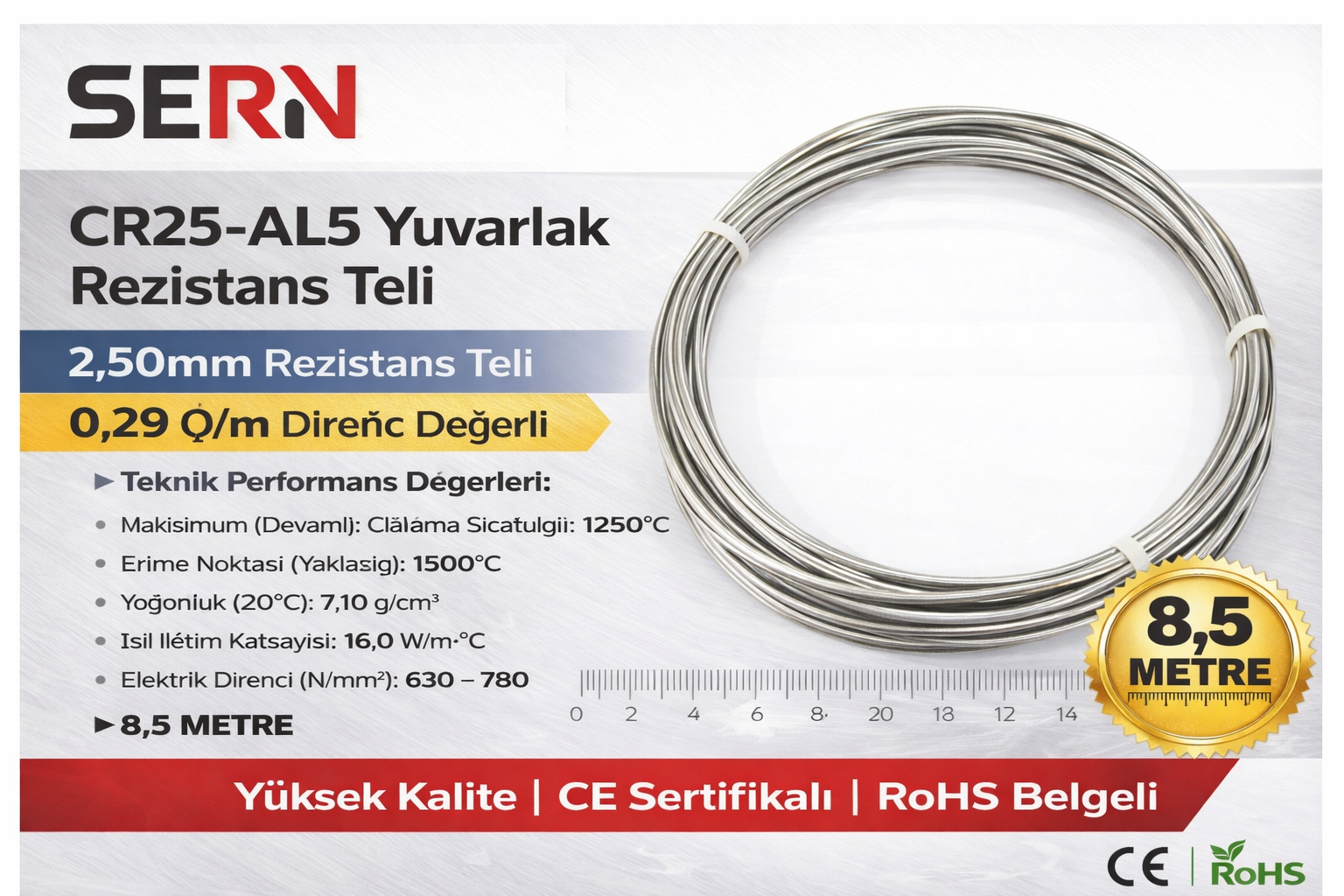SERN CR25-AL5 Yuvarlak Rezistans Teli 2,50mm – 0,29 Ω/m Direnç Değerli (Paket: 8,5 Metre)