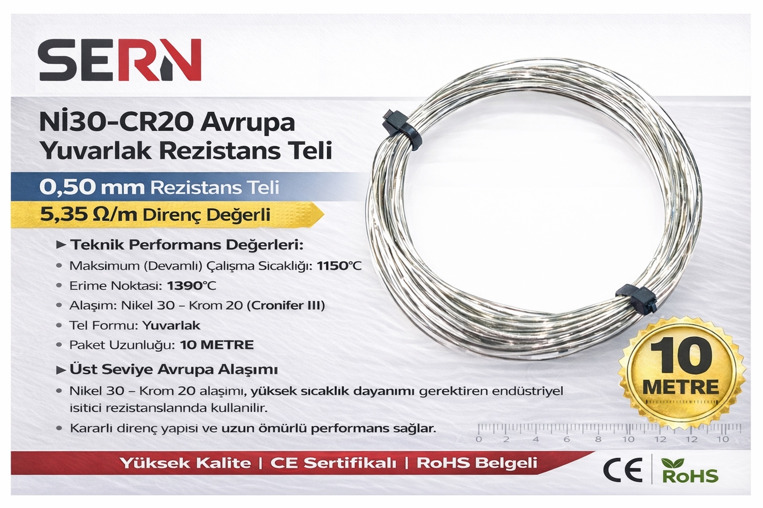 SERN Nİ30-CR20 Avrupa Yuvarlak Rezistans Teli 0,50mm – 5,35 Ω/m Direnç Değerli (Paket: 10 Metre)