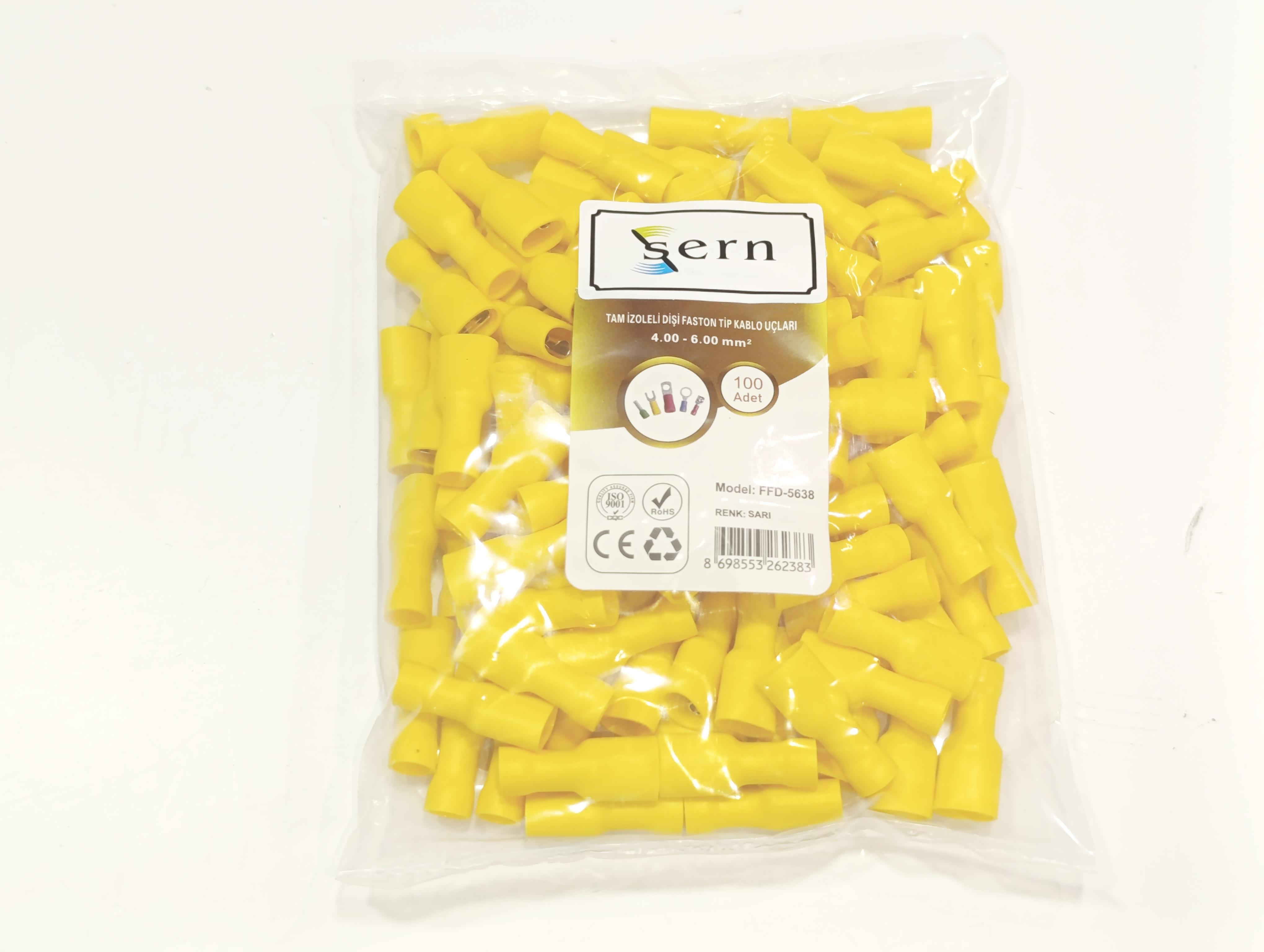 Tam İzoleli Dişi Faston Soket Kablo Ucu 0,8x6,35 4-6mm² Sarı 100 Adet