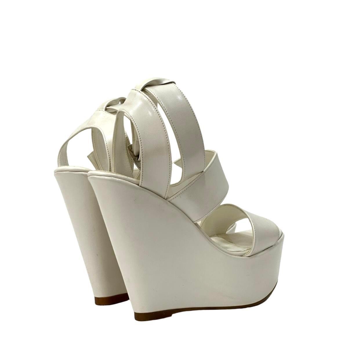 Beyaz Bantlı 14 Cm Dolgu Topuklu Rahat Sandalet