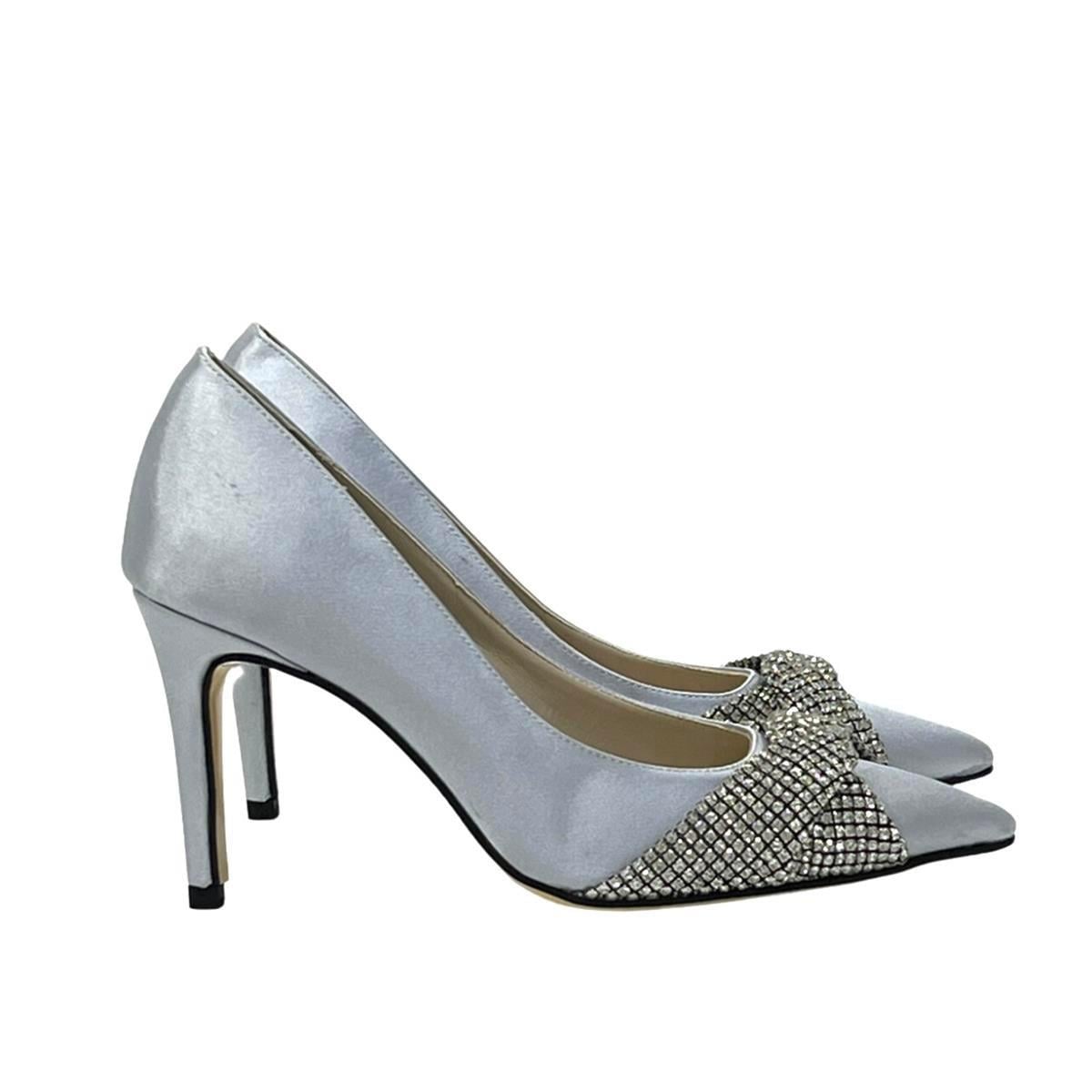 Gri Büzgülü Gerçek Taş İşlemeli 10 Cm Rahat Topuklu Stiletto