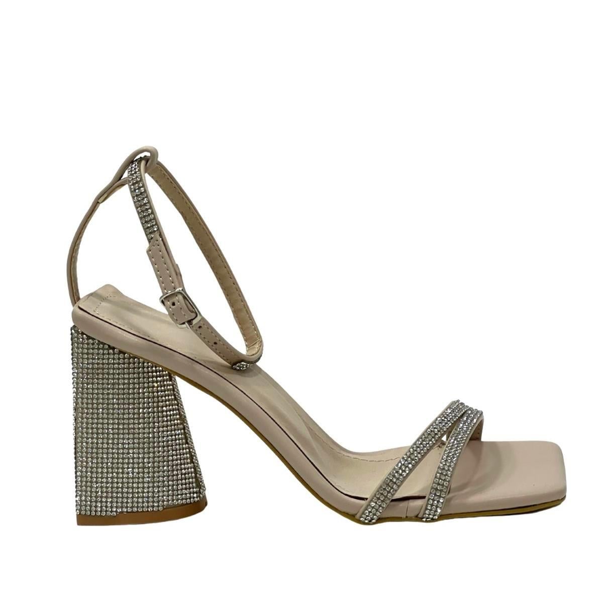 GÜMÜŞ TAŞ KAPLAMALI TASARIM 10 CM TOPUKLU BANTLI AYAKKABI