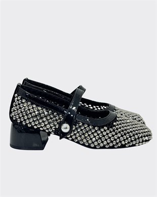 4 Cm Kalın Topuklu Full Taş İşlemeli Ayakkabı