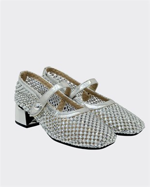 4 Cm Kalın Topuklu Full Taş İşlemeli Ayakkabı