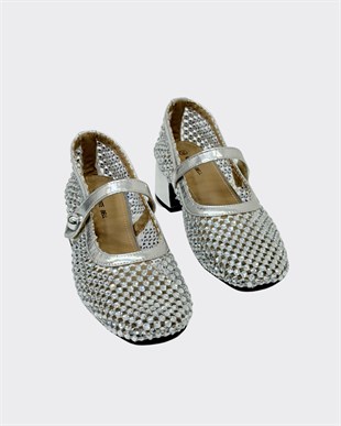 4 Cm Kalın Topuklu Full Taş İşlemeli Ayakkabı