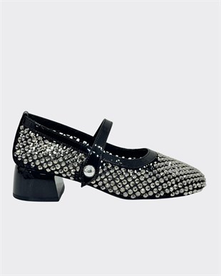 4 Cm Kalın Topuklu Full Taş İşlemeli Ayakkabı