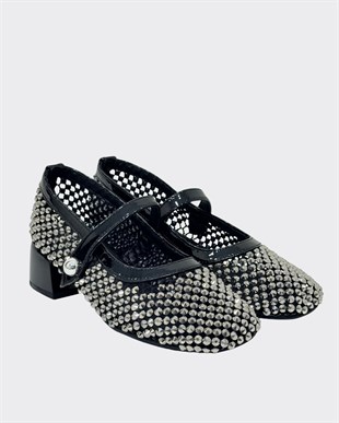 4 Cm Kalın Topuklu Full Taş İşlemeli Ayakkabı