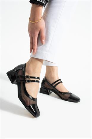 Çift Tokalı File Detaylı 4 Cm Topuklu Ayakkabı