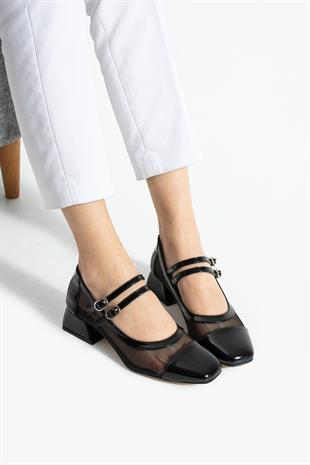 Çift Tokalı File Detaylı 4 Cm Topuklu Ayakkabı