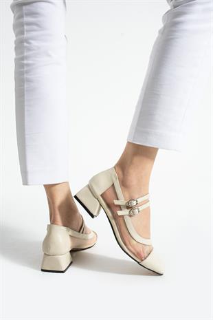 Çift Tokalı File Detaylı 4 Cm Topuklu Ayakkabı