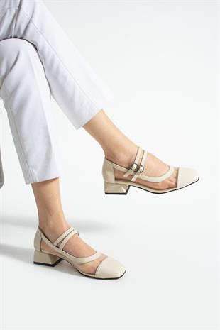 Çift Tokalı File Detaylı 4 Cm Topuklu Ayakkabı