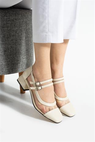 Çift Tokalı File Detaylı 4 Cm Topuklu Ayakkabı