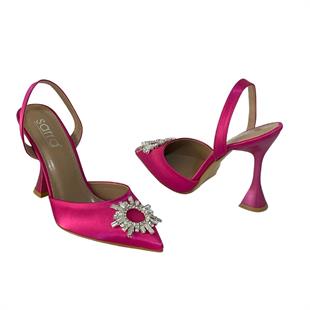 Fuşya Saten Gerçek Taş Tokalı Tasarım 11 Cm Topuklu Stiletto