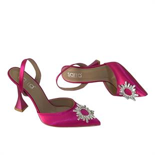 Fuşya Saten Gerçek Taş Tokalı Tasarım 11 Cm Topuklu Stiletto