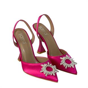 Fuşya Saten Gerçek Taş Tokalı Tasarım 11 Cm Topuklu Stiletto