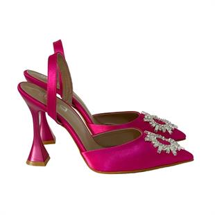 Fuşya Saten Gerçek Taş Tokalı Tasarım 11 Cm Topuklu Stiletto