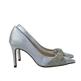 Gri Büzgülü Gerçek Taş İşlemeli 10 Cm Rahat Topuklu Stiletto