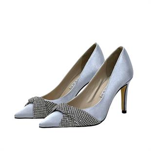 Gri Büzgülü Gerçek Taş İşlemeli 10 Cm Rahat Topuklu Stiletto