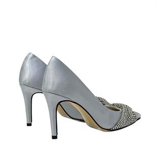 Gri Büzgülü Gerçek Taş İşlemeli 10 Cm Rahat Topuklu Stiletto