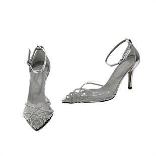 Gümüş Şeffaf Taş Detaylı  9 Cm Rahat Topuklu Stiletto
