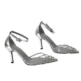 Gümüş Şeffaf Taş Detaylı  9 Cm Rahat Topuklu Stiletto