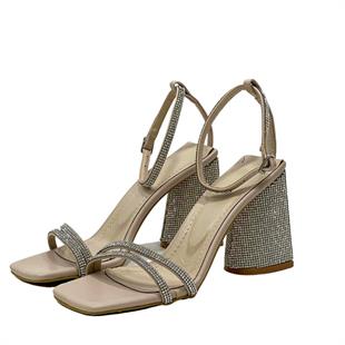 GÜMÜŞ TAŞ KAPLAMALI TASARIM 10 CM TOPUKLU BANTLI AYAKKABI